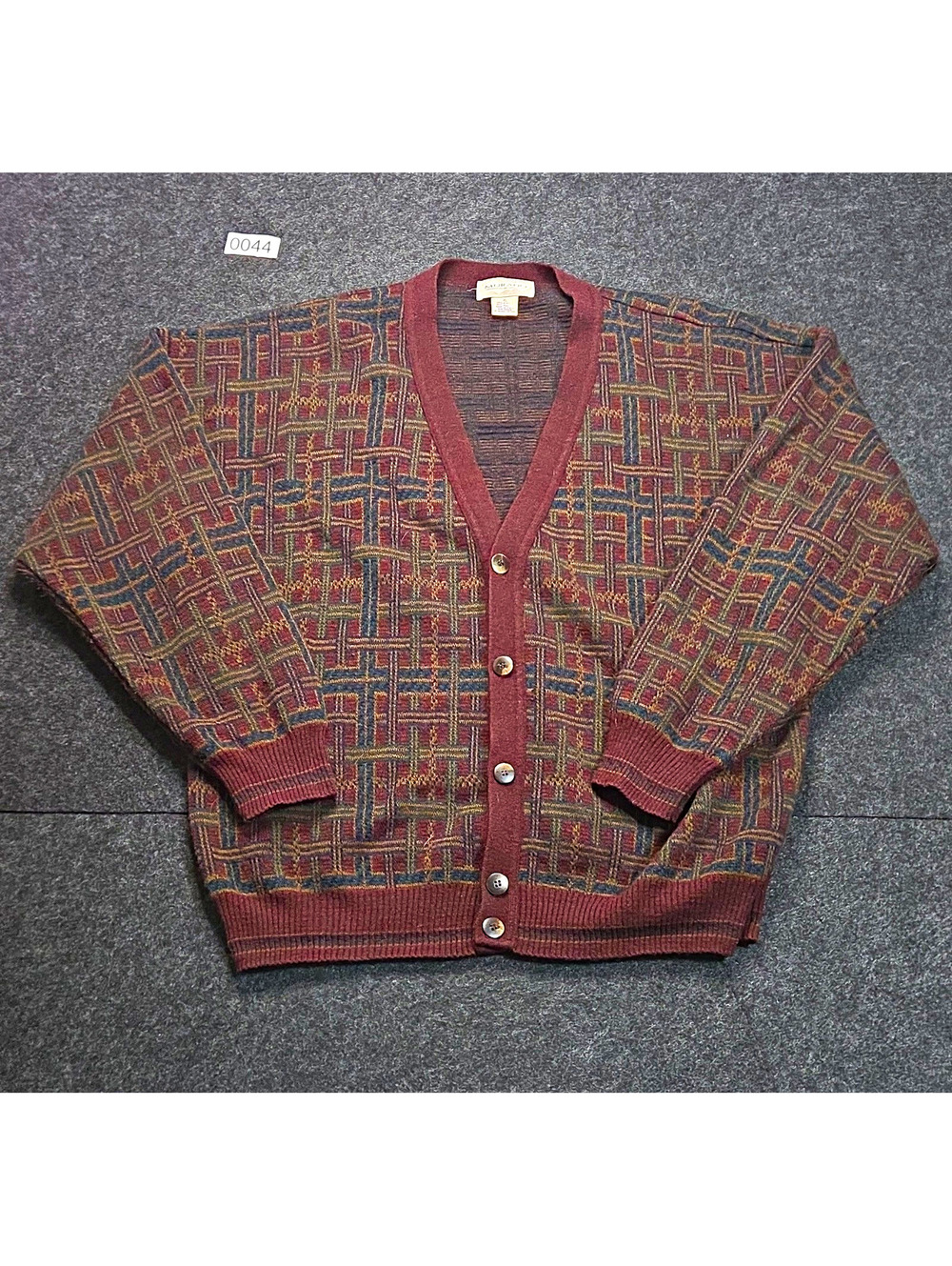 Murano Men's Burgundy Geometric Knit V-Neck Button Cardigan Sweater Size XL